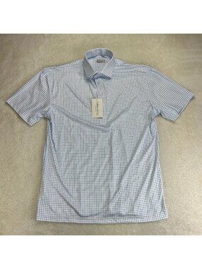 Collars & Co Dress Collar Polo Shirt Mens Large Thin Blue Check Short Sleeve NWT
